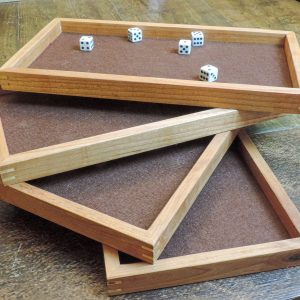 Wood dice tray with maple miter keys and felt inlay on a baltic birch bottom. Perfect for yahtzee, sorry, Parcheesi, Monopoly and Clue. Made in Canada by Bergeron Woodgrains