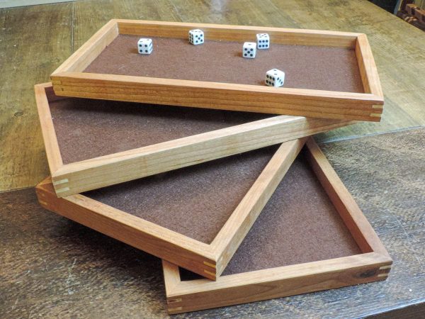 Wood dice tray with maple miter keys and felt inlay on a baltic birch bottom. Perfect for yahtzee, sorry, Parcheesi, Monopoly and Clue. Made in Canada by Bergeron Woodgrains