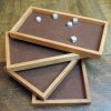 Wood dice tray with maple miter keys and felt inlay on a baltic birch bottom. Perfect for yahtzee, sorry, Parcheesi, Monopoly and Clue. Made in Canada by Bergeron Woodgrains