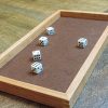 Wood dice tray with maple miter keys and felt inlay on a baltic birch bottom. Perfect for yahtzee, sorry, Parcheesi, Monopoly and Clue. Made in Canada by Bergeron Woodgrains