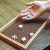 Wood dice tray with maple miter keys and felt inlay on a baltic birch bottom. Perfect for yahtzee, sorry, Parcheesi, Monopoly and Clue. Made in Canada by Bergeron Woodgrains