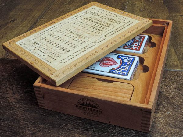 Handcrafted wooden board game featuring a Gin Rummy scorecard with storage box with metal peg storage and Bicycle playing cards displayed. Made in Canada by Bergeron Woodgrains