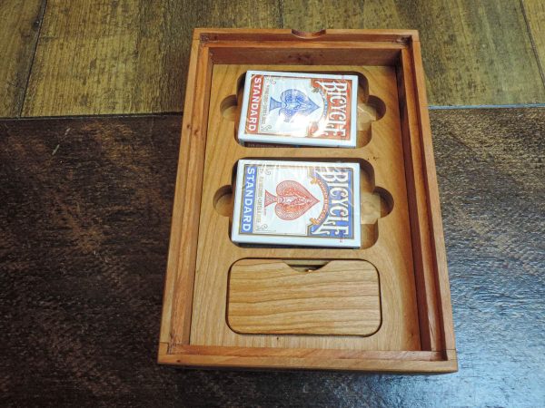 Handcrafted wooden board game featuring a Gin Rummy storage box with metal peg storage and Bicycle playing cards displayed. Made by Bergeron Woodgrains