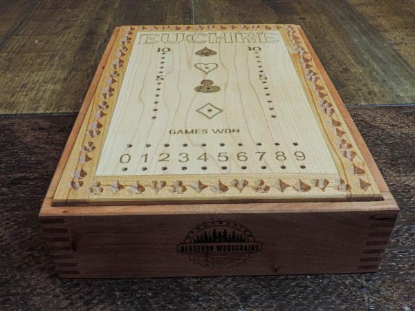 Handcrafted wooden board game featuring a Euchre scorecard with peg and playing card storage box showcasing dovetail and box finger joints. Made by Bergeron Woodgrains