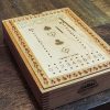 Handcrafted wooden board game featuring a Euchre scorecard with peg and playing card storage box showcasing dovetail and box finger joints. Made by Bergeron Woodgrains