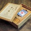 Handcrafted wooden board game featuring a Euchre scorecard with peg and playing card storage box showcasing dovetail and box finger joints. Made by Bergeron Woodgrains