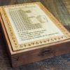 Handcrafted wooden board game featuring a Frustration Rummy and Gin Rummy double sided scorecard with storage box showcasing dovetail and box finger joints. Made by Bergeron Woodgrains