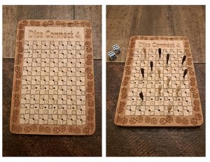 Handcrafted wooden board game featuring a Dice Connect 4 scorecard with storage box for accessories. Next to it a Dice Connect 4 wood score card with wood pegs and dice displayed.