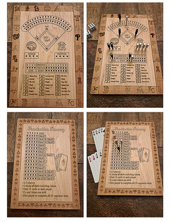 Handcrafted wooden board game featuring a Dice Baseball and Frustration Rummy scorecard displaying pegs and Bicycle playing cards in play. Canadian made by Bergeron Woodgrains