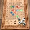 Handcrafted wooden board game featuring a Dice Poker scorecard with storage box displaying dice and bingo chips in play. Made by Bergeron Woodgrains