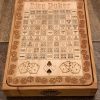 Handcrafted wooden board game featuring a Dice Poker scorecard with storage box showcasing dovetail and box finger joints. Made by Bergeron Woodgrains