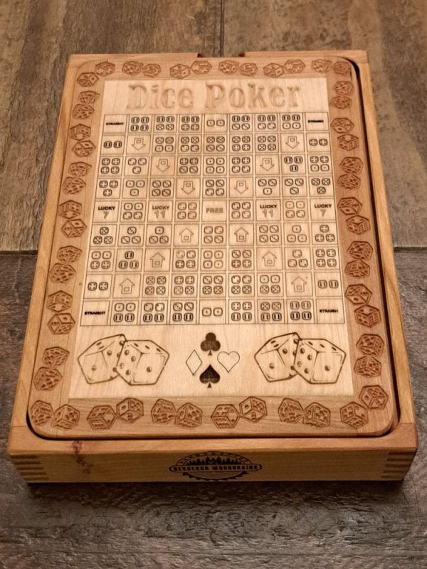 Handcrafted wooden board game featuring a Dice Poker scorecard with storage box showcasing dovetail and box finger joints. Made by Bergeron Woodgrains