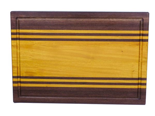 Purple Heart and Osage Orange edge grain cutting board with purple heart and osage orange accent strips showcasing juice groove. Made in Canada by Bergeron Woodgrains