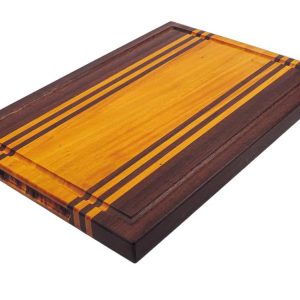 Purple heart and Osage Orange edge grain cutting board with purple heart and osage orange accent strips showcasing juice groove and handles. Made in Canada by Bergeron Woodgrains