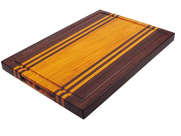 Purple heart and Osage Orange edge grain cutting board with purple heart and osage orange accent strips showcasing juice groove and handles. Made in Canada by Bergeron Woodgrains