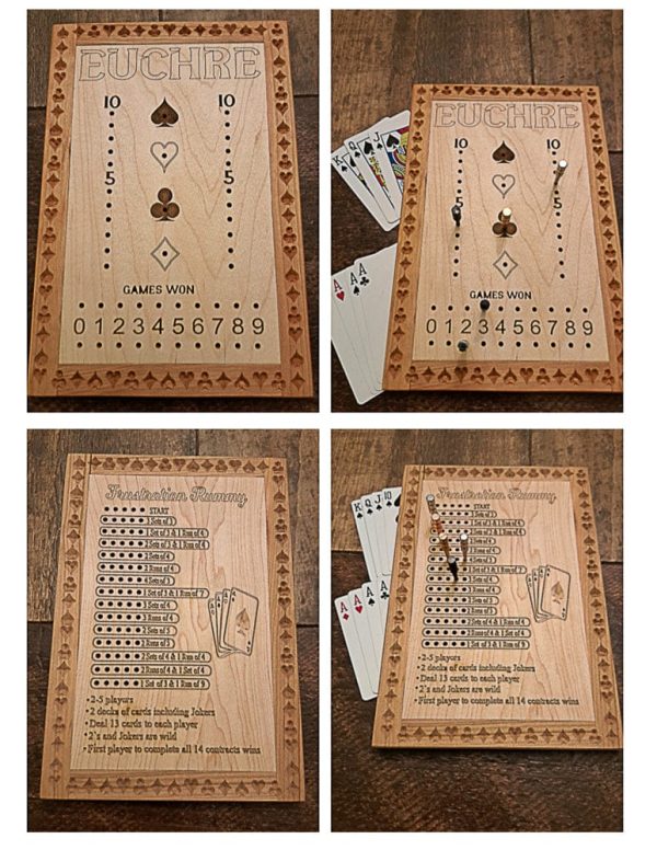 Handcrafted wooden board game featuring Euchre and Frustration Rummy scorecards displaying pegs and Bicycle playing cards in play. Made by Bergeron Woodgrains