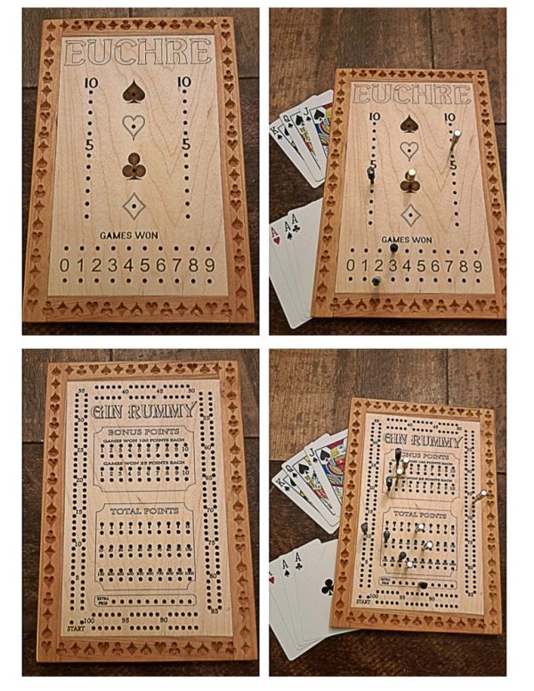 Handcrafted wooden board game featuring Euchre and Gin Rummy scorecards with storage box displaying pegs and Bicycle playing cards in play. Made by Bergeron Woodgrains