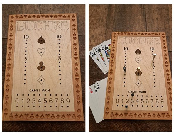 Handcrafted wooden board game featuring a Euchre scorecard with peg and playing cards displayed. Made by Bergeron Woodgrains