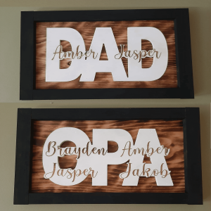 Custom wood family children/grandchildren engraved sign with black border and white parent/grandparent backing. Made in Canada by Bergeron Woodgrains