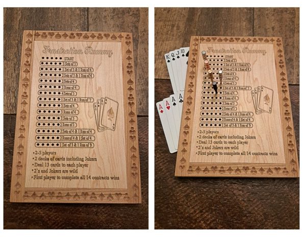 Handcrafted wooden board game featuring Euchre and scorecard displaying pegs and Bicycle playing cards in play. Made by Bergeron Woodgrains