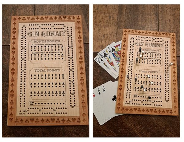 Elegant handcrafted wooden board game featuring a Gin Rummy scorecard with pegs and cards displayed. Made by Bergeron Woodgrains