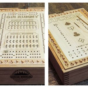 High-quality dual-sided wood board game with maple and cherry hardwoods, featuring Gin Rummy and Euchre with storage box.