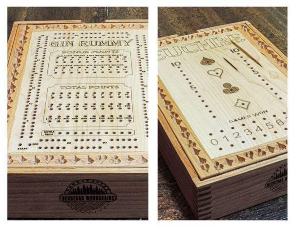 High-quality dual-sided wood board game with maple and cherry hardwoods, featuring Gin Rummy and Euchre with storage box.