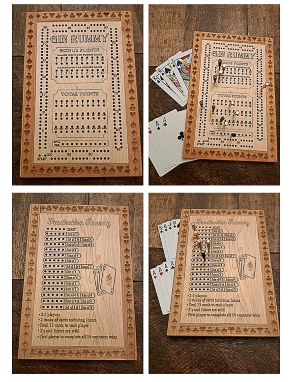 Handcrafted wooden board game featuring a Frustration Rummy and Gin Rummy scorecards with storage box displaying pegs and Bicycle playing cards in play. Made by Bergeron Woodgrains