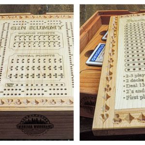 Handcrafted dual wood board game set featuring Gin Rummy & Frustration Rummy with a storage box for cards and pegs