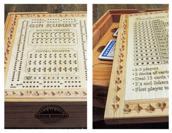 Handcrafted dual wood board game set featuring Gin Rummy & Frustration Rummy with a storage box for cards and pegs