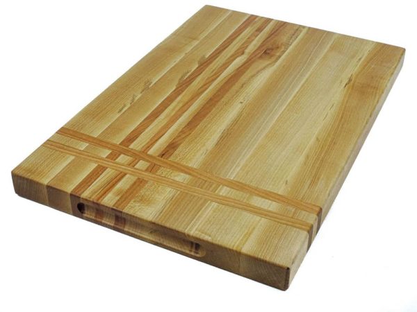 Maple edge grain cutting board with cherry stripes along the long and short edge. Showcasing handles. Canadian made by Bergeron Woodgrains