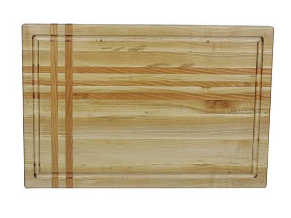 Maple edge grain cutting board with cherry stripes along the long and short edge. Showcasing a juice groove. Canadian made by Bergeron Woodgrains