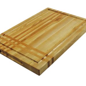 Maple edge grain cutting board with cherry stripes along the long and short edge. Showcasing a juice groove and handles. Canadian made by Bergeron Woodgrains