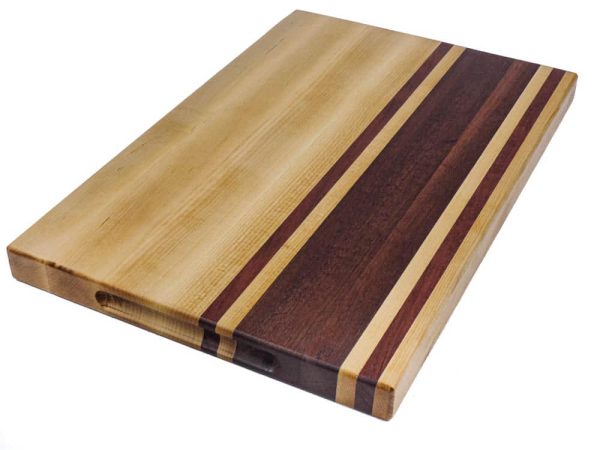 Maple and walnut striped edge grain cutting board with handles. Canadian made by Bergeron Woodgrains