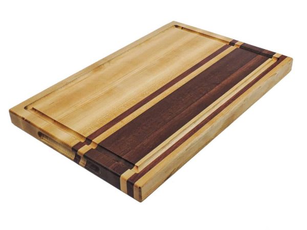 Maple and walnut striped edge grain cutting board with juice groove and handles. Canadian made by Bergeron Woodgrains