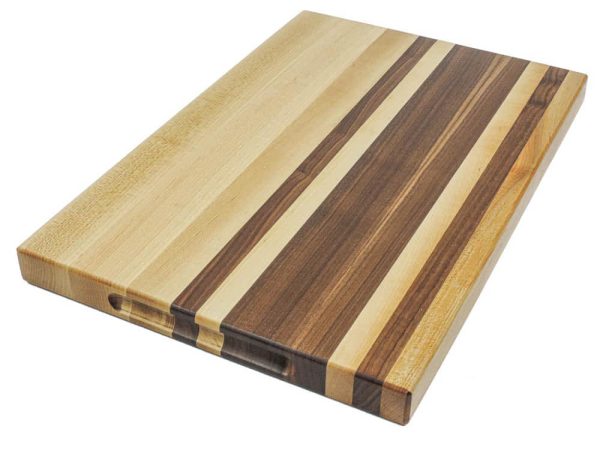 Maple and walnut striped edge grain cutting board with handles. Canadian made by Bergeron Woodgrains