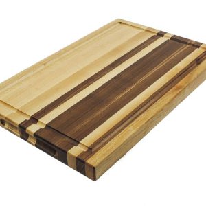 Maple and walnut striped edge grain cutting board with juice groove and handles. Canadian made by Bergeron Woodgrains