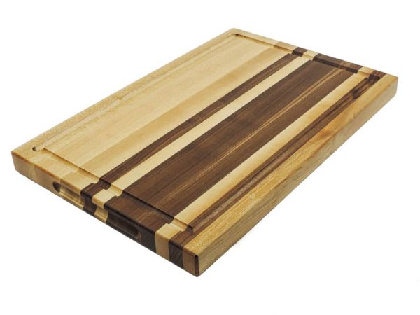 Maple and walnut striped edge grain cutting board with juice groove and handles. Canadian made by Bergeron Woodgrains