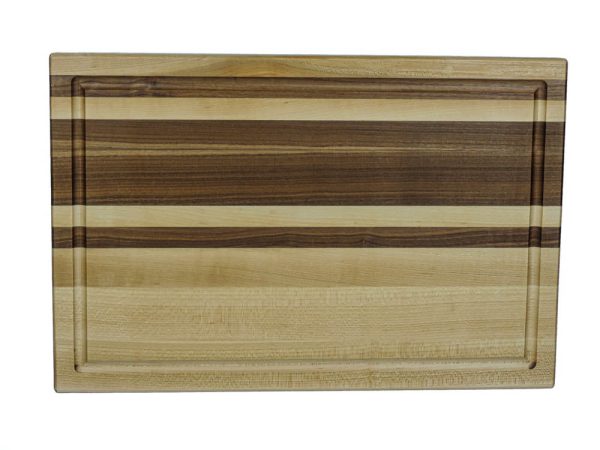 Maple and walnut striped edge grain cutting board with juice groove. Canadian made by Bergeron Woodgrains