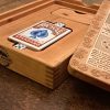 Handcrafted wooden board game featuring a Ludo scorecard with storage box with peg storage and Bicycle playing cards displayed. Played similar to Parcheesi. Made by Bergeron Woodgrains