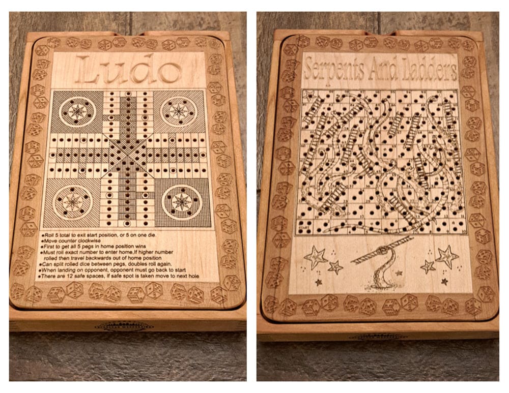 Handcrafted wooden board game featuring a Ludo and Serpents and Ladders double sided scorecard with storage box showcasing dovetail and box finger joints. Played similarly to Snakes and Ladders and Parcheesi. Made by Bergeron Woodgrains