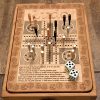 Handcrafted wooden board game featuring a Ludo scorecard with storage box displaying pegs and dice in play. Played similarly to Parcheesi. Made by Bergeron Woodgrains