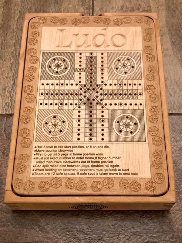 Handcrafted wooden board game featuring a Ludo scorecard with storage box showcasing dovetail and box finger joints. Played similarly to Parcheesi. Made by Bergeron Woodgrains