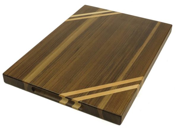 Walnut edge grain cutting board with two Maple accent strips along 2 opposing corners featuring a handles. Made in Canada by Bergeron Woodgrains