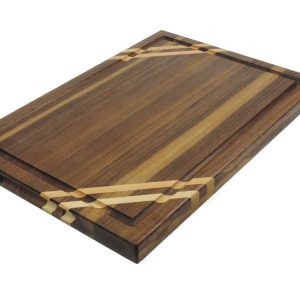 Walnut edge grain cutting board with two Maple accent strips along 2 opposing corners featuring a juice groove and handles. Made in Canada by Bergeron Woodgrains