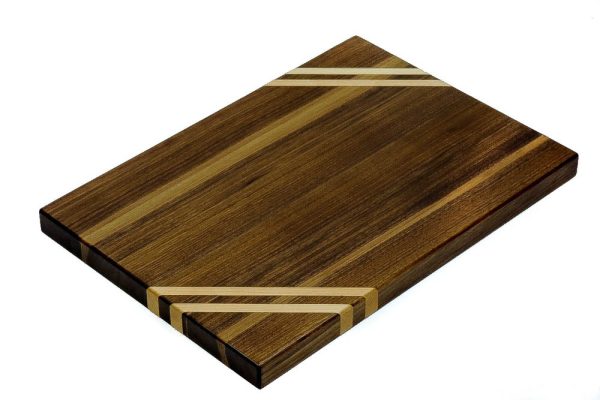 Walnut edge grain cutting board with two Maple accent strips along 2 opposing corners. Made in Canada by Bergeron Woodgrains