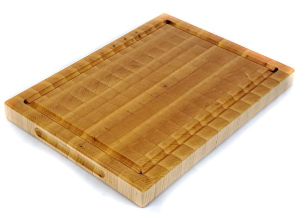 Handcrafted Maple end grain cutting board featuring juice groove and handles. Made in Canada by Bergeron Woodgrains.