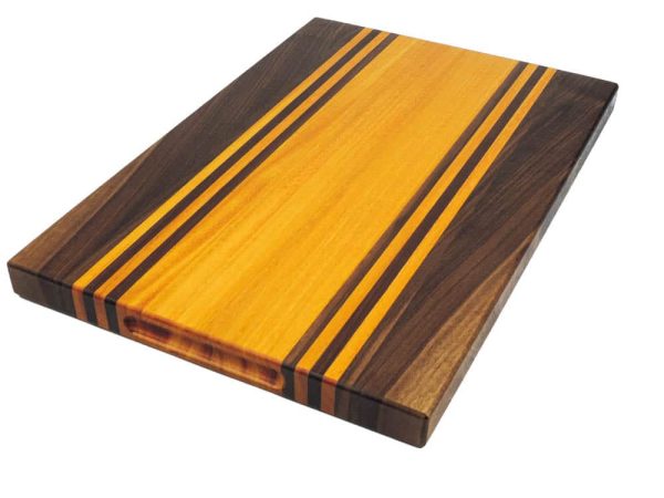 Walnut and Osage Orange edge grain cutting board with walnut and osage orange accent strips showcasing handles. Made in Canada by Bergeron Woodgrains