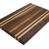 Walnut edge grain cutting board with maple and Purple Heart accent strips showcasing handles. Canadian made by Bergeron Woodgrains