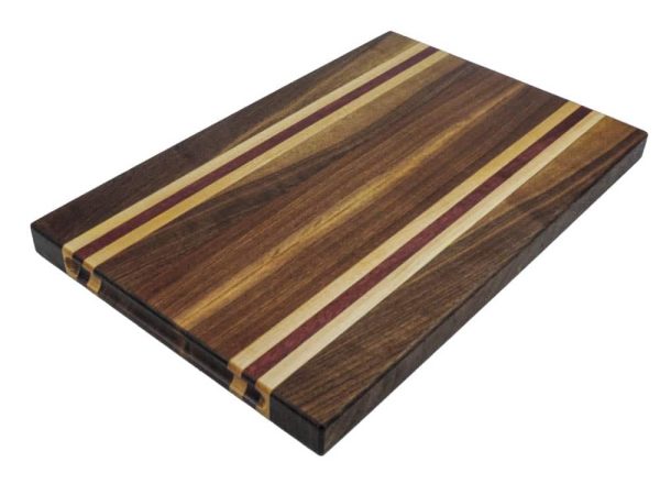 Walnut edge grain cutting board with maple and Purple Heart accent strips showcasing handles. Canadian made by Bergeron Woodgrains